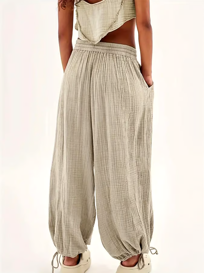 Women'S Solid Color Loose Cotton And Linen Lace-Up Casual Pants