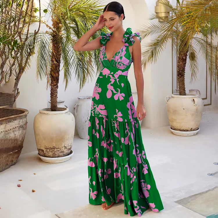 DBVACAY Ruffled Strap Printed One Piece Flared Skirt Swimsuit Set