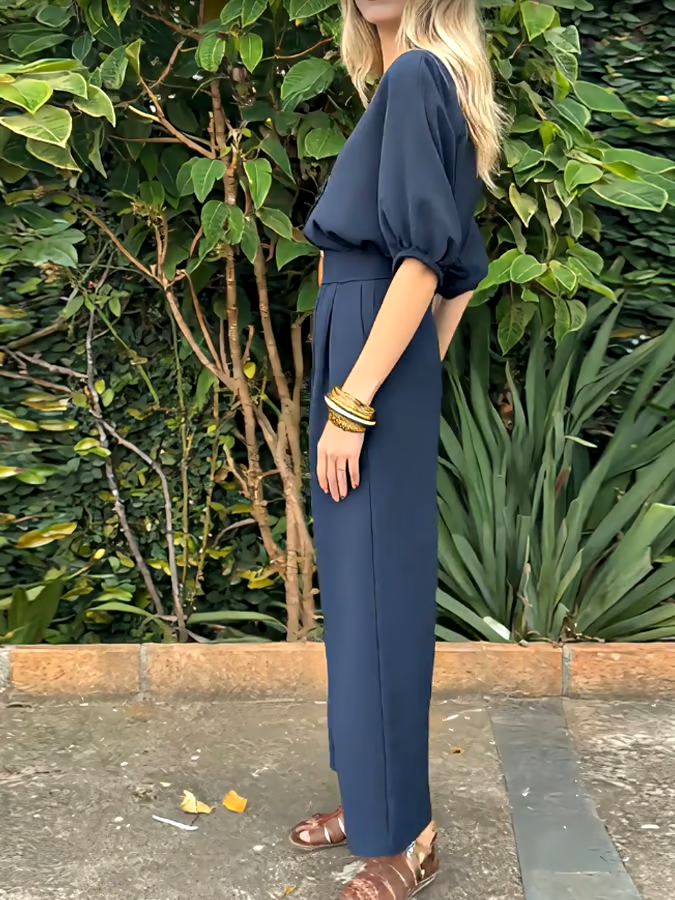 Women's Casual V-Neck Button Top and Pants Two-Piece Set