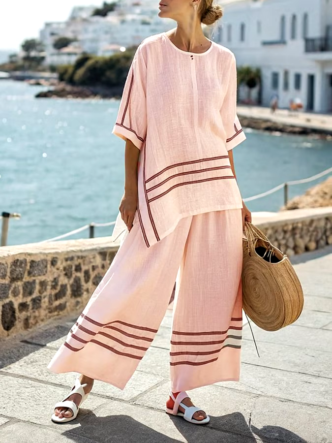 Women'S Loose Slit Irregular Striped Pants Set