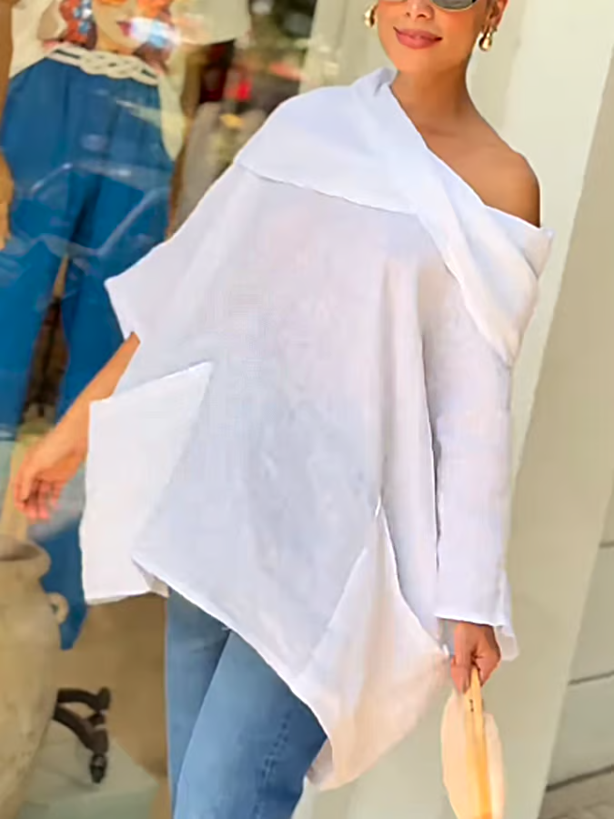 Women's Casual Solid Color Long Sleeve Cotton and Linen Top