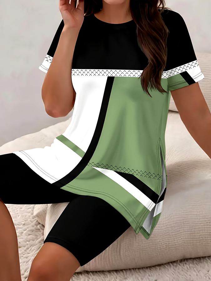 Women's Casual Round Neck Print Short Sleeve T-Shirt Shorts Set