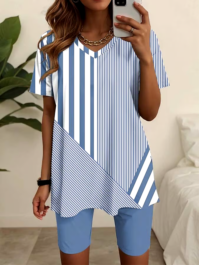 Women'S Loose Striped Slit Top Shorts Set