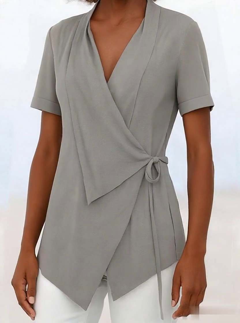 Women's Casual Solid Color Lapel Short Sleeve Lace-up Cotton and Linen Top