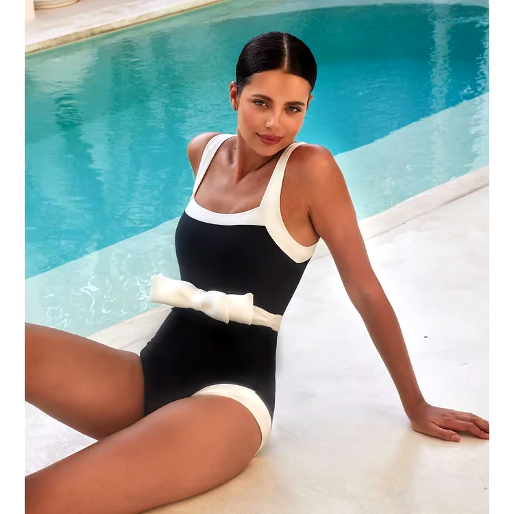 Bowknot Decor Color Block One Piece  Swimsuit Set