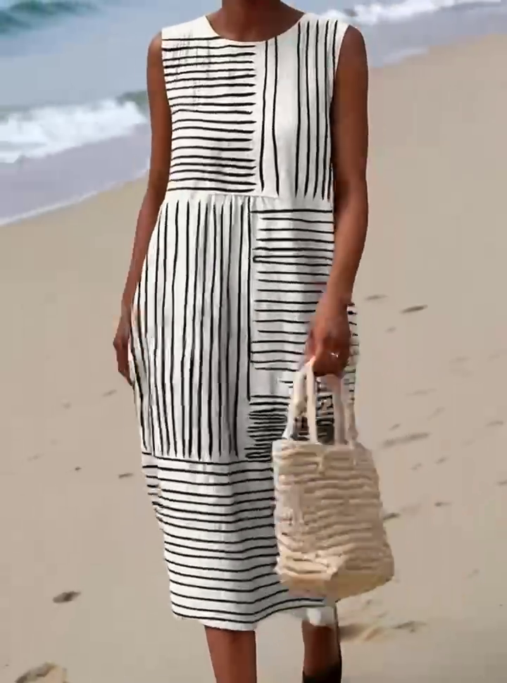 Women's casual cotton-linen printed dress