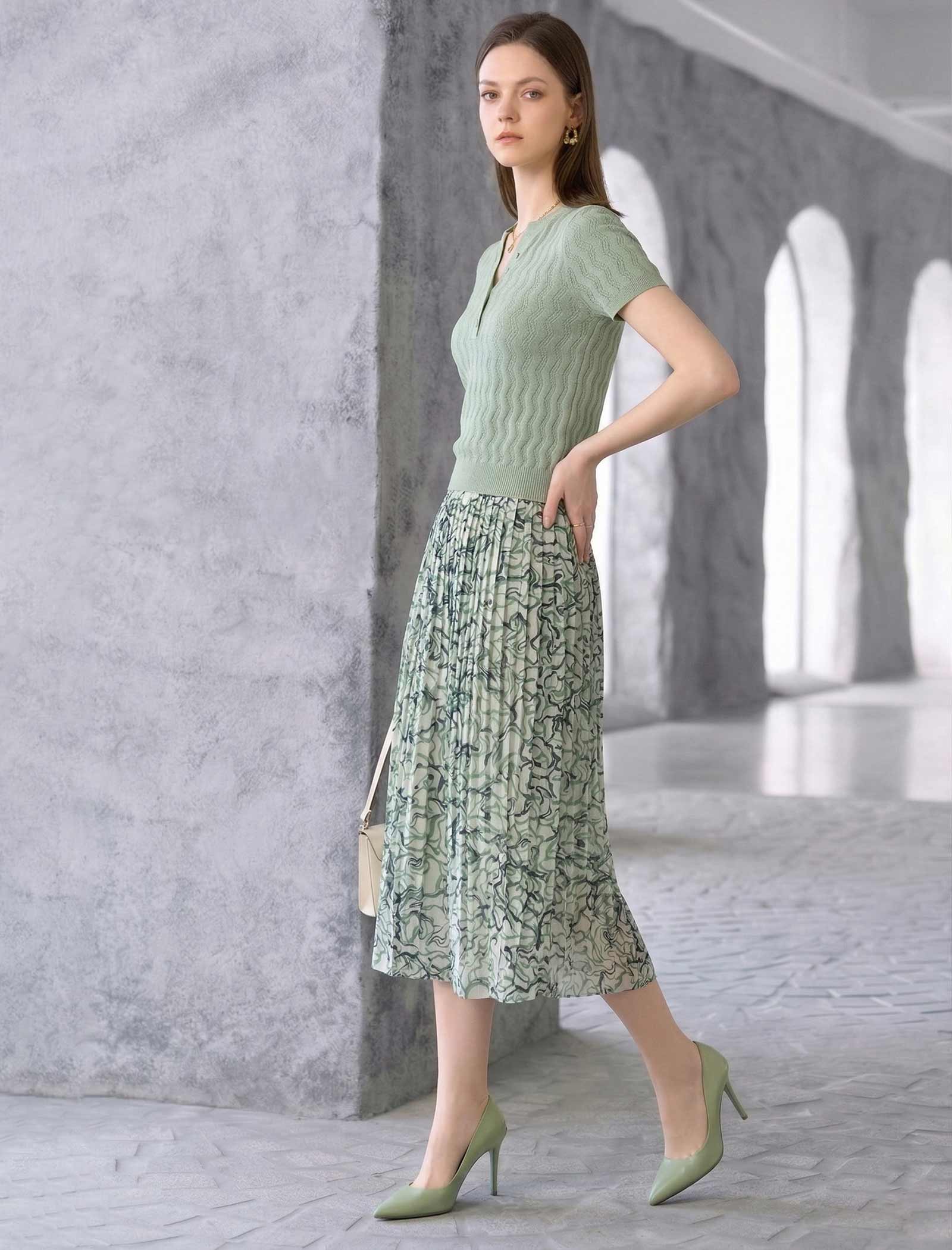 Wavy Openwork Tencel Linen Henley Knit Top