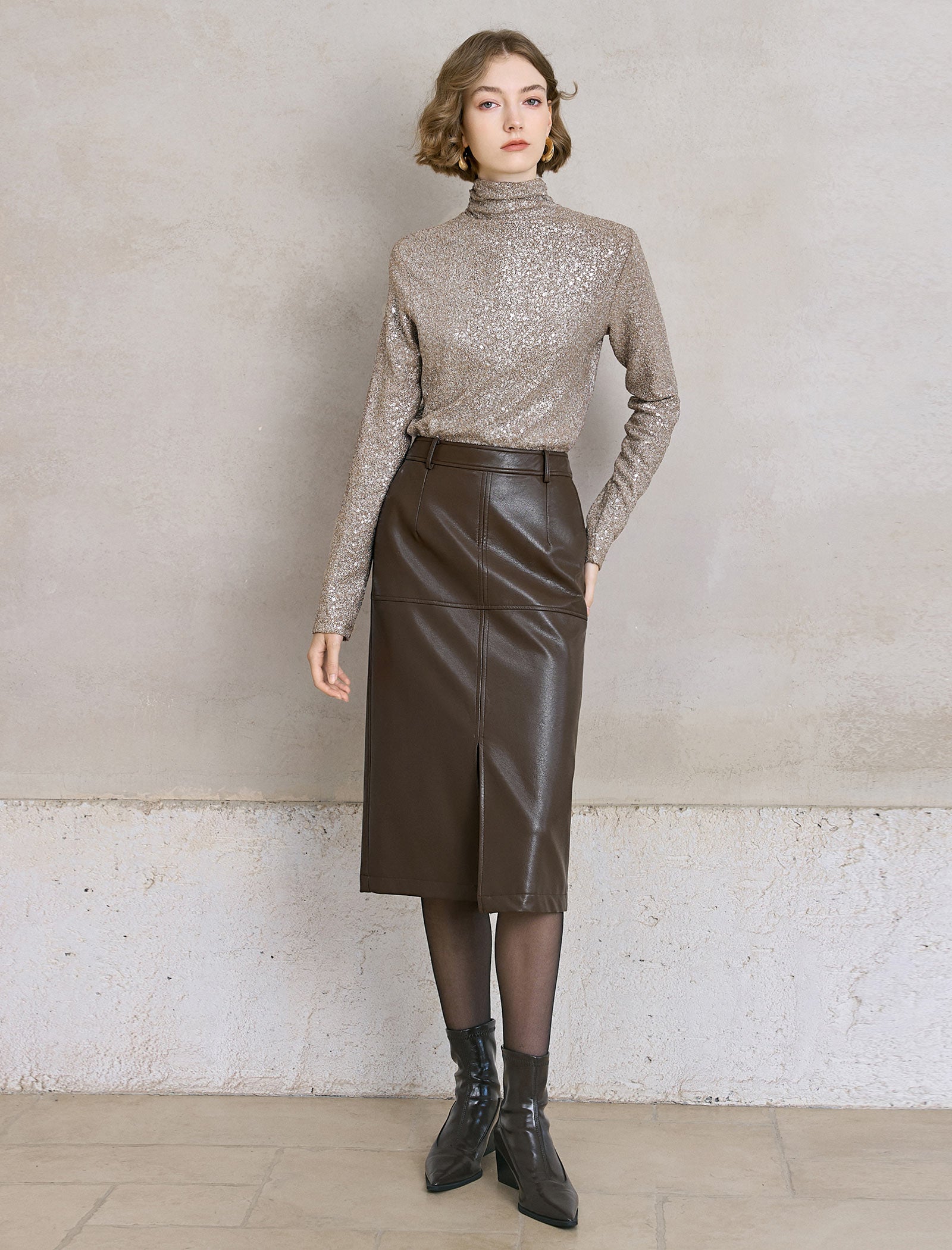 All-Over Sequin Turtleneck Long-Sleeve Top
