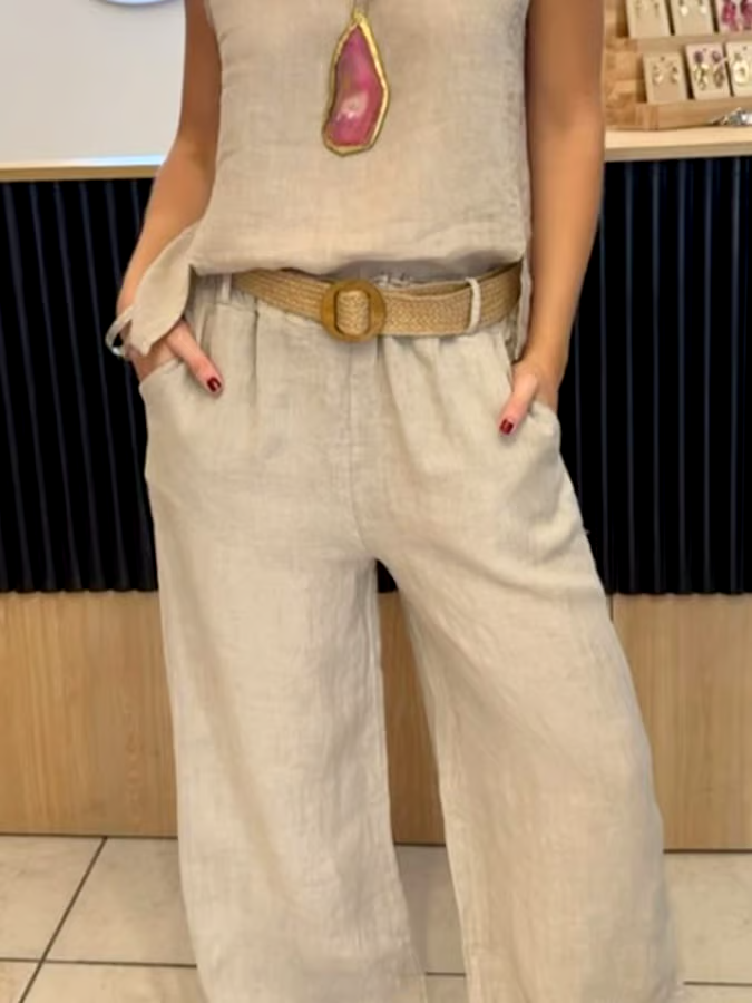 Women's Casual Solid Color Round Neck Vest Trousers Cotton and Linen Two-piece Set