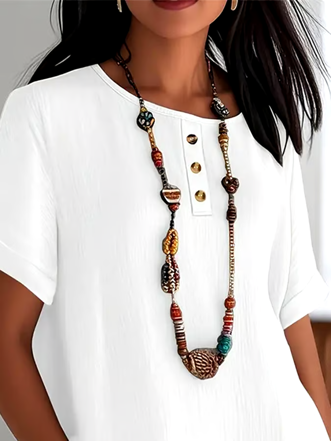 Women'S Solid Color Round Neck Button Short Sleeve Cotton And Linen Top