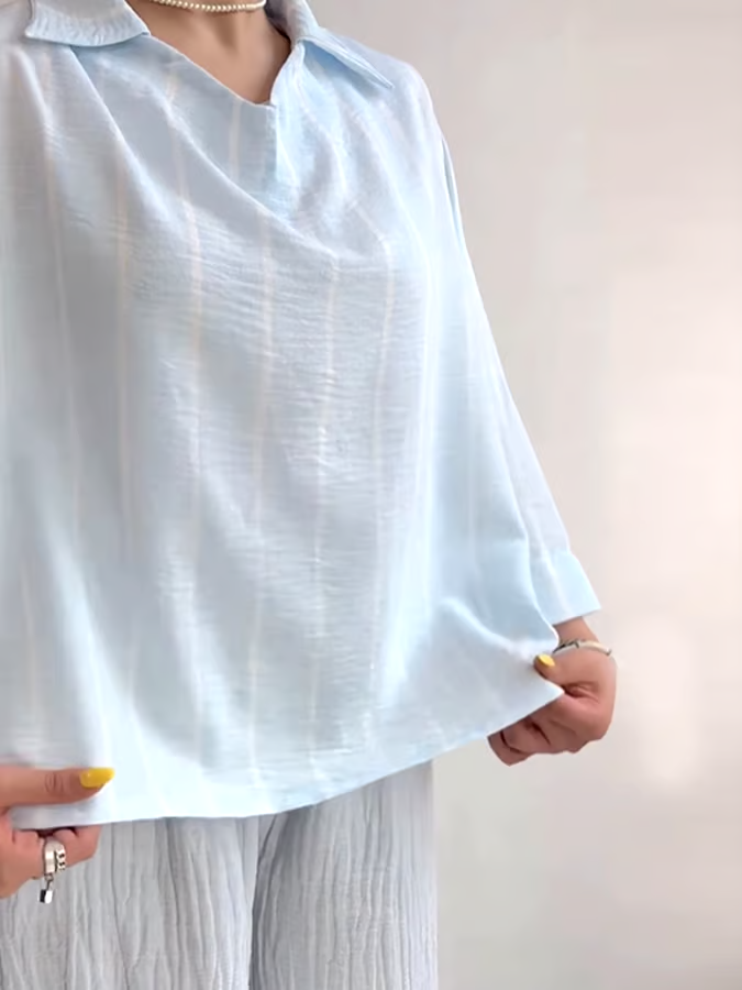 Women's Casual Striped Lapel Top and Pleated Pants Set