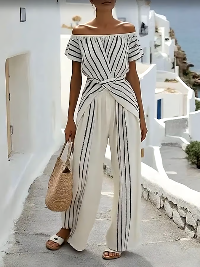 Women'S Casual Off-Shoulder Short-Sleeved Loose Striped Contrast Color Top And Trousers Two-Piece Set