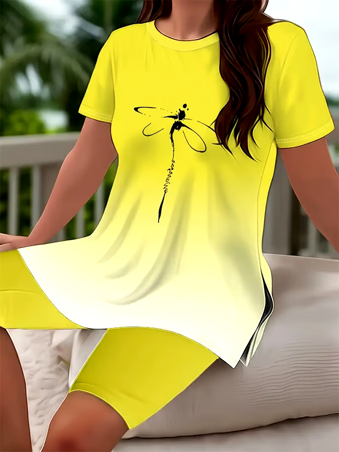 Women's Casual Round Neck Gradient Pattern Short Sleeve T-Shirt Shorts Set