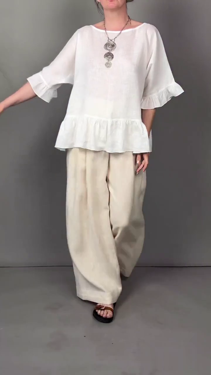 Women's Casual Solid Color Ruffled Top Contrast Color Cotton and Linen Two-piece Set