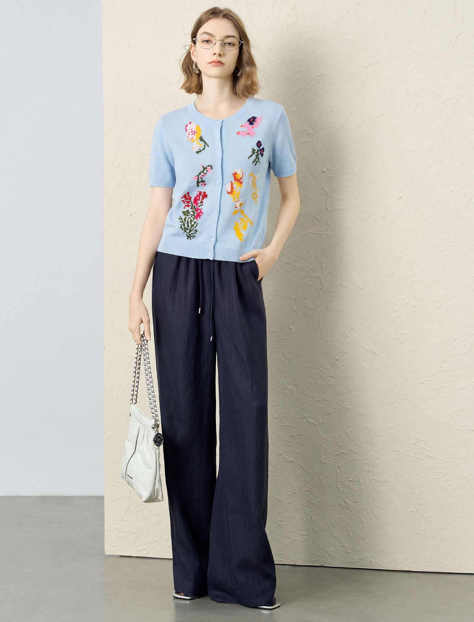 Sky Blue Floral Intarsia Short Sleeve Knit Cardigan Top