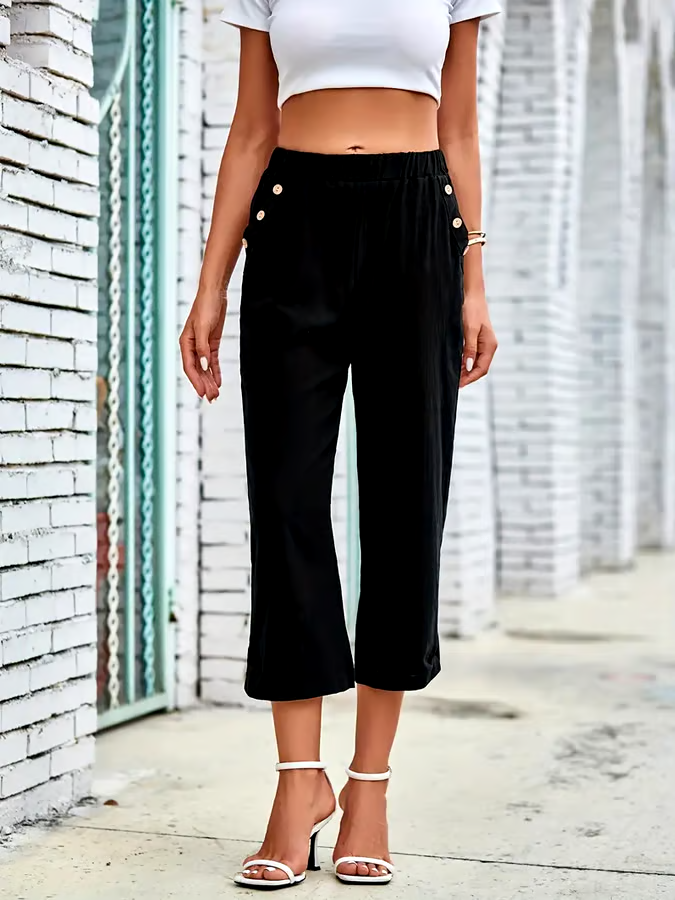 Women's Casual Solid Color Loose Button Cotton and Linen Cropped Pants