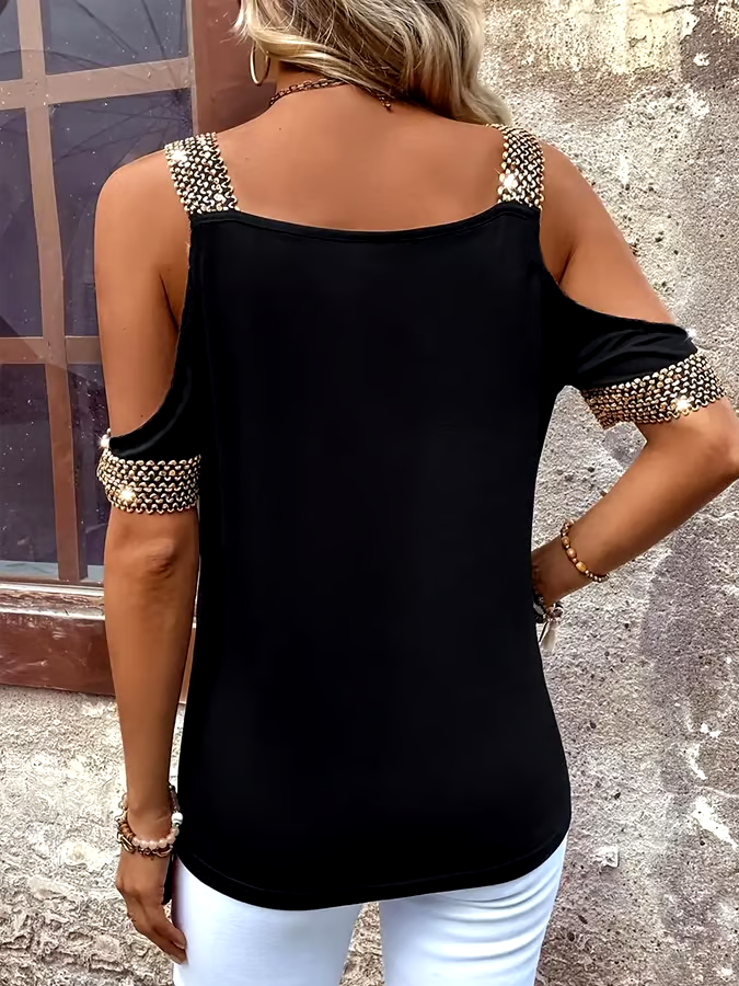 Women'S Solid Color Off-Shoulder Metal Stitching Short-Sleeved Top