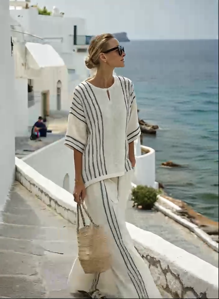 Women'S Loose Slit Contrast Striped Pants Set