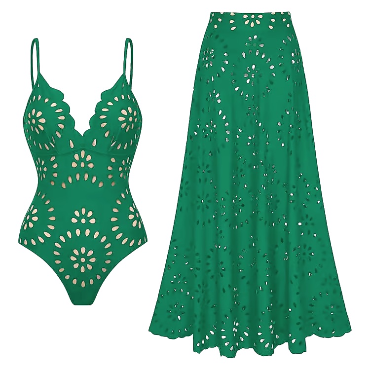 Laser Cutting Flower Hollow Flared Skirt Swimsuit
