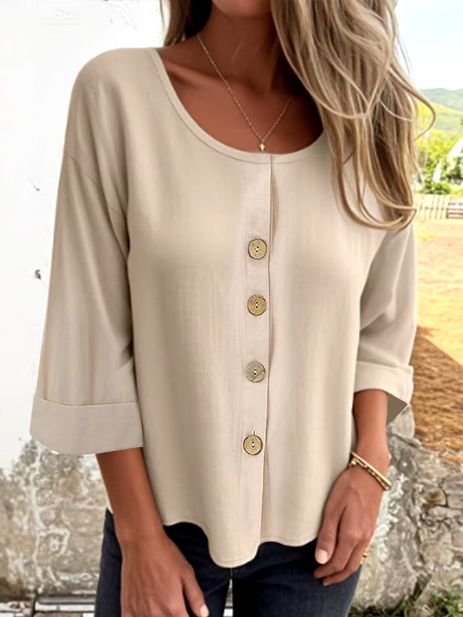 Women's Casual Solid Color V-Neck Mid-Sleeve Cotton and Linen Top