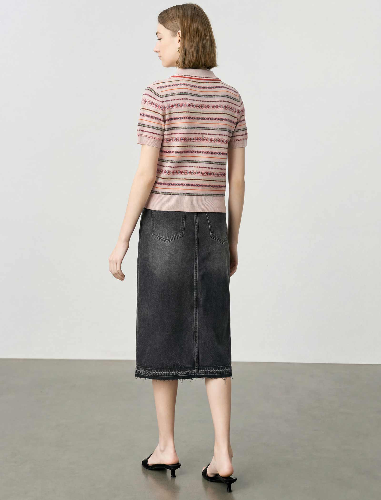 Vintage Striped Collared Short Sleeve Knit Cardigan Top
