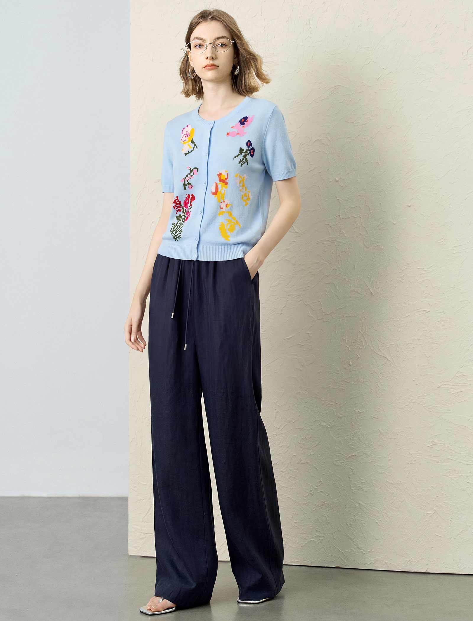 Sky Blue Floral Intarsia Short Sleeve Knit Cardigan Top