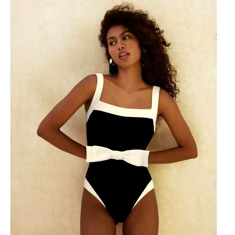 Bowknot Decor Color Block One Piece  Swimsuit Set