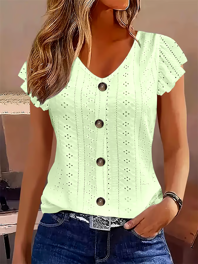 Women's Casual Solid Color Lotus Sleeve V-Neck T-Shirt