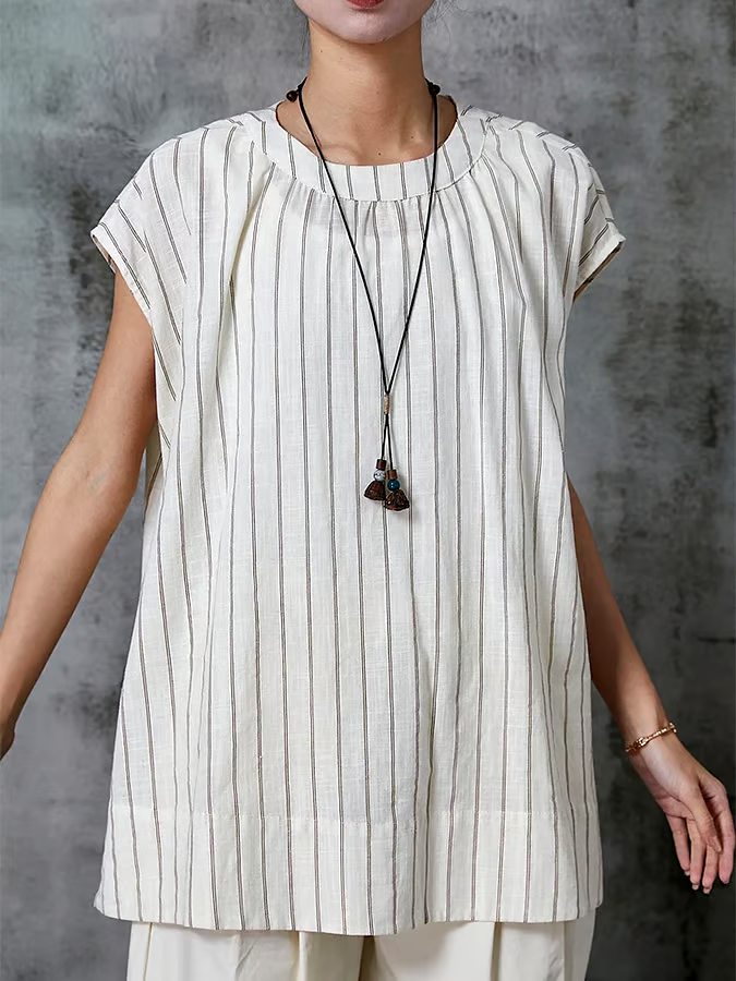 Summer Women's Striped Cotton&Linen Vest