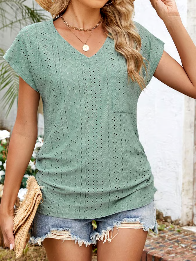 Women'S Casual Solid Color V-Neck Pocket Short Sleeve T-Shirt