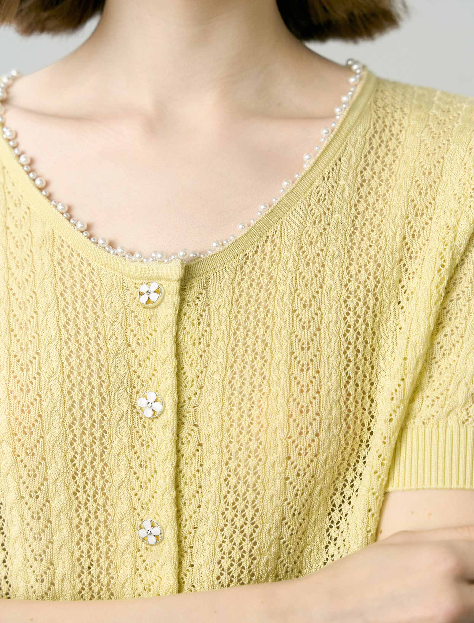 Pale Yellow Tencel Pearl Trim Knit Cardigan