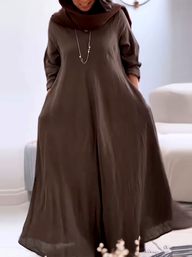 Women's Casual Solid Color V-Neck Long Sleeve Cotton and Linen Dress