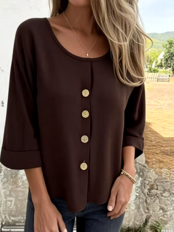 Women's Casual Solid Color V-Neck Mid-Sleeve Cotton and Linen Top