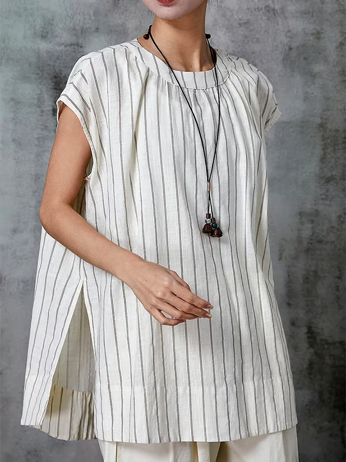 Summer Women's Striped Cotton&Linen Vest