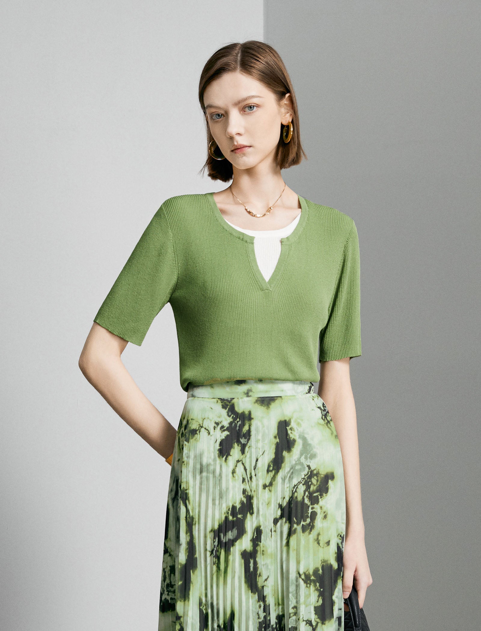 Leaf Green Ribbed V-Neck Layered Knit Top