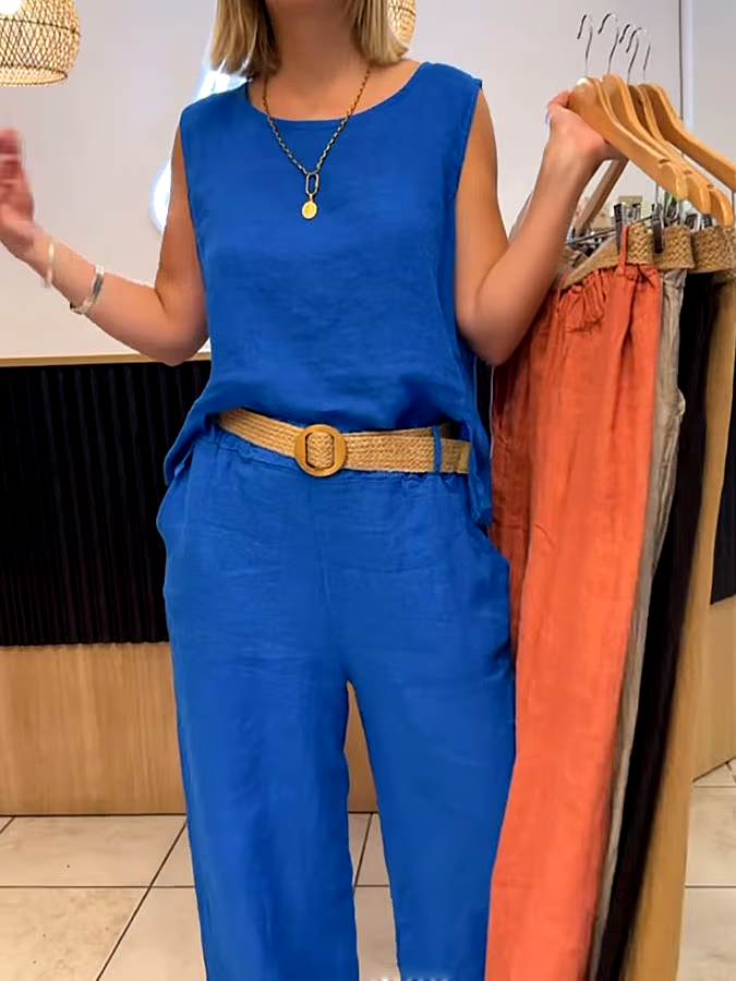 Women's Casual Solid Color Round Neck Vest Trousers Cotton and Linen Two-piece Set