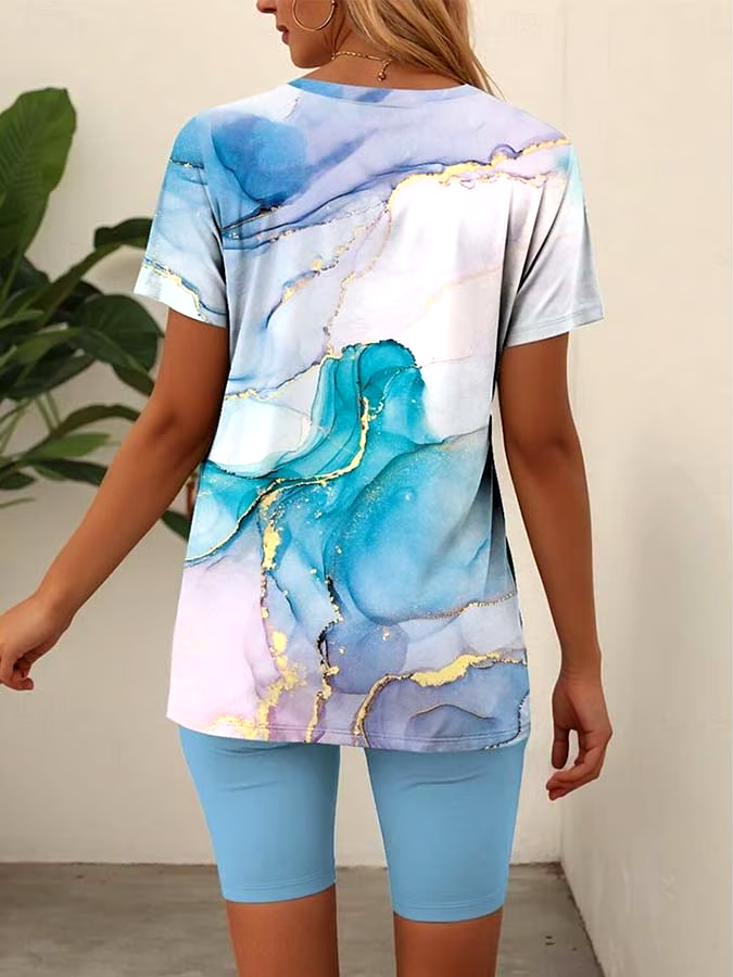 Women'S Loose Printed V-Neck Top And Shorts Set