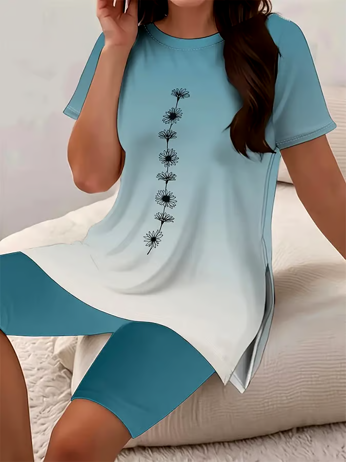 Women's Casual Round Neck Gradient Pattern Short Sleeve T-Shirt Shorts Set