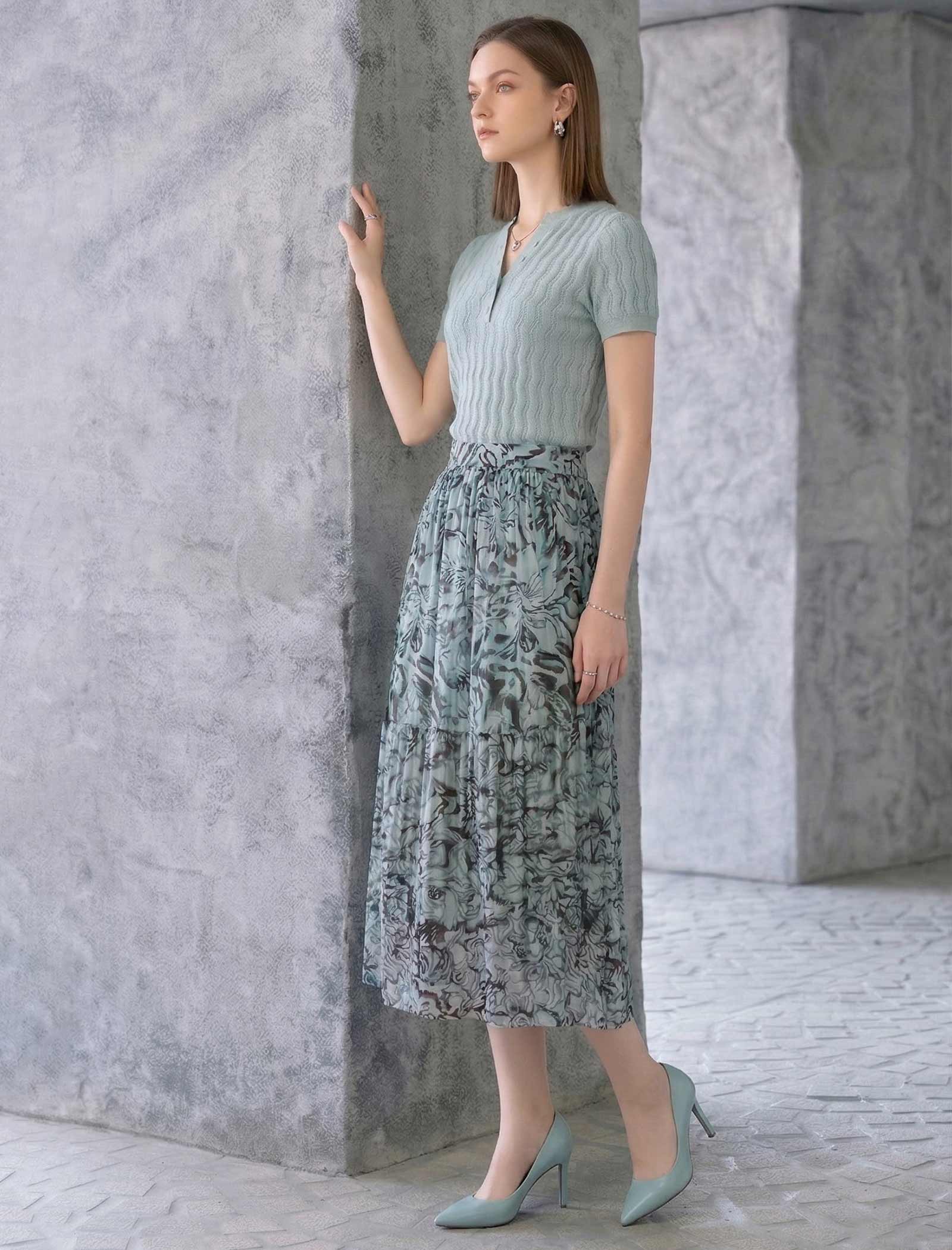 Wavy Openwork Tencel Linen Henley Knit Top
