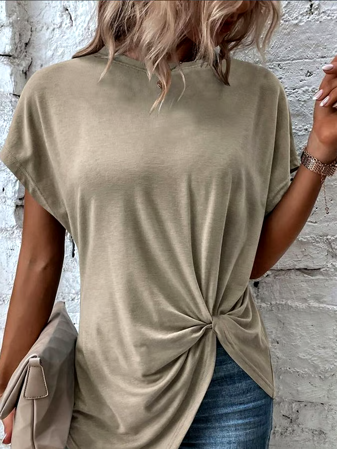 Women's Casual Solid Color Pleated Round Neck Short Sleeve Top