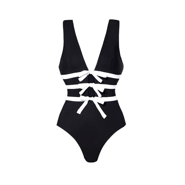 Black V Neck Sexy One Piece Swimsuit Set