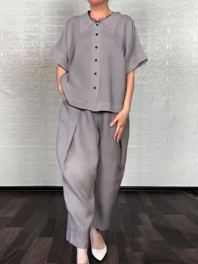 Women'S Casual Solid Color Cotton And Linen Shirt Pants Set