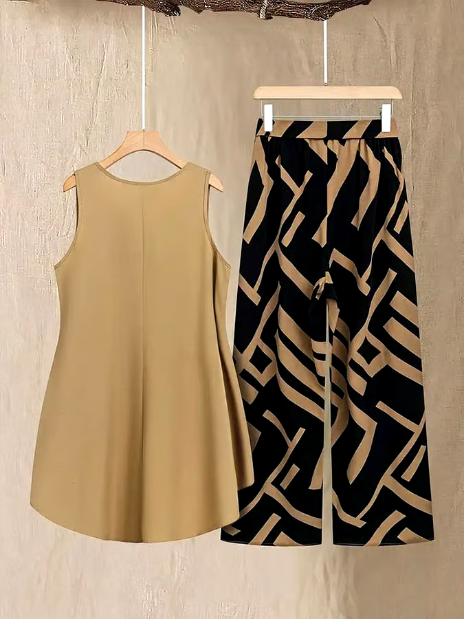 Women'S Casual V-Neck Sleeveless Loose Contrast Color Irregular Hem Vest Trousers Two-Piece Set