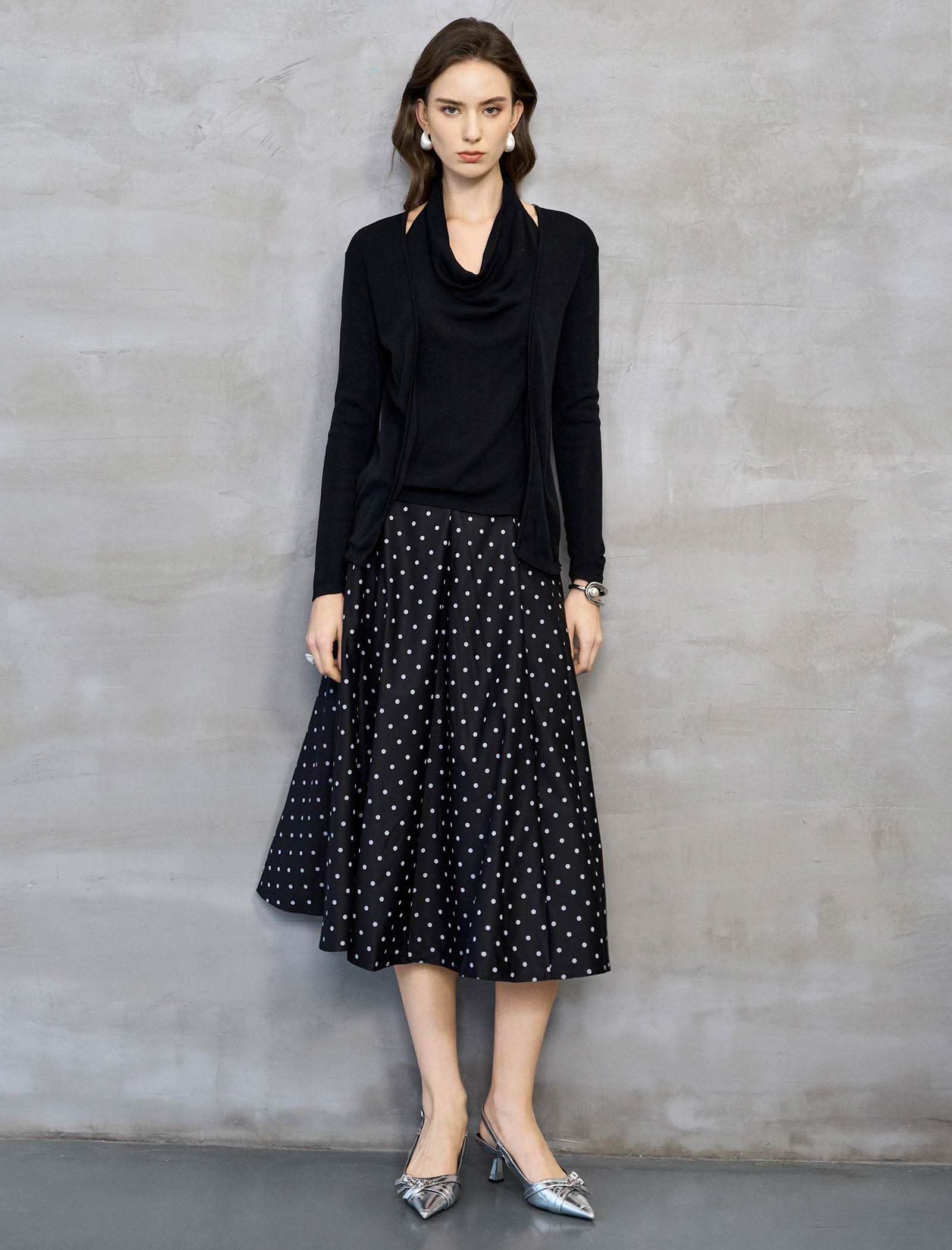 Black Draped Cowl Neck Cutout Knit Top