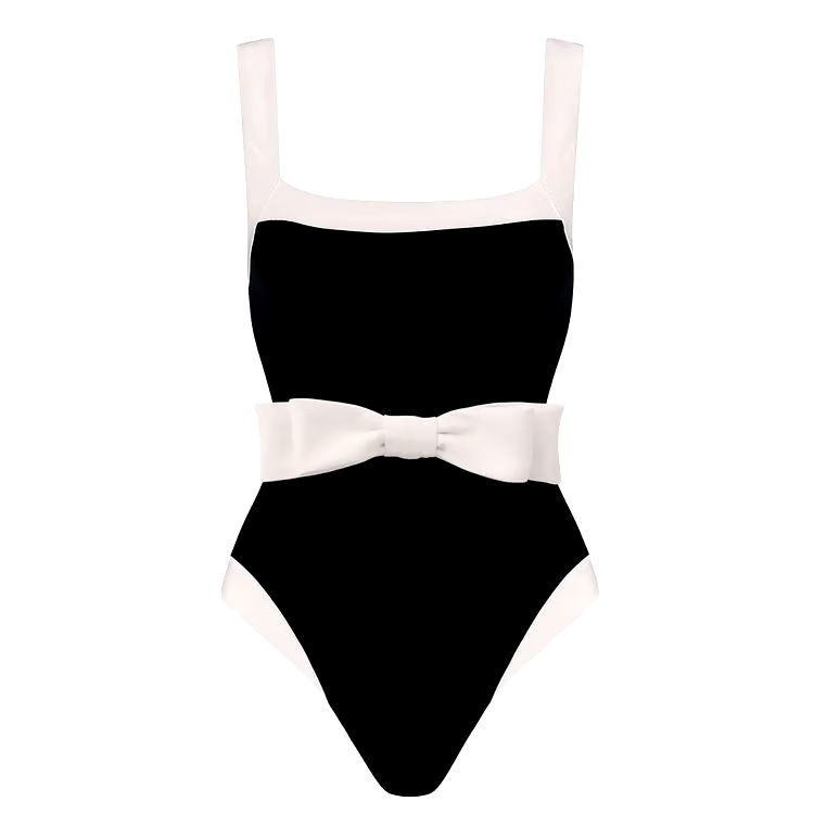 Bowknot Decor Color Block One Piece  Swimsuit Set