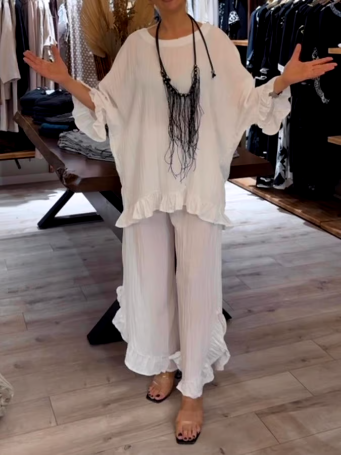 Women'S Solid Color Round Neck Lotus Leaf Sleeve Pleated Casual Set