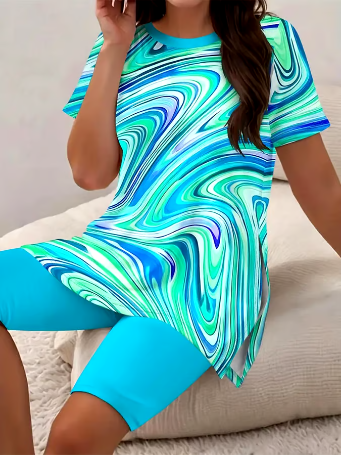 Women's Casual Round Neck Abstract Pattern Short Sleeve T-Shirt Shorts Set
