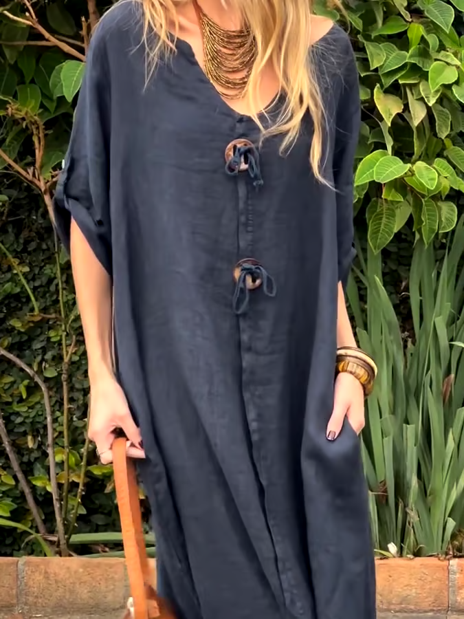 Women's Casual Loose Button Decoration Slant Pocket Cotton and Linen Dress