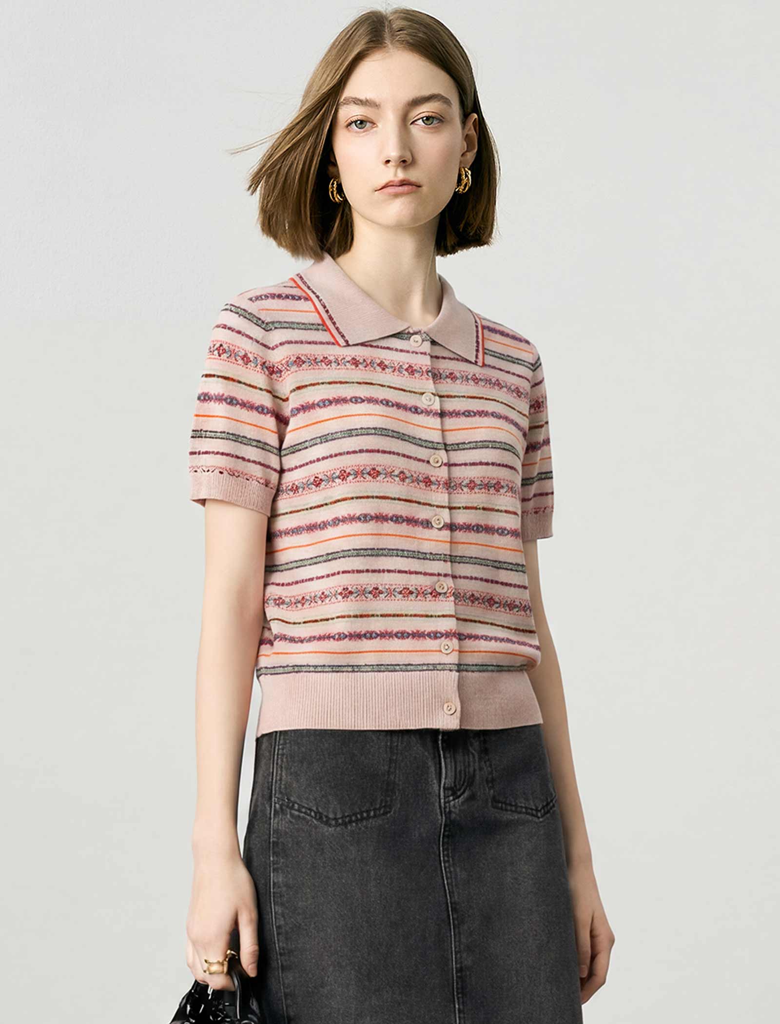 Vintage Striped Collared Short Sleeve Knit Cardigan Top