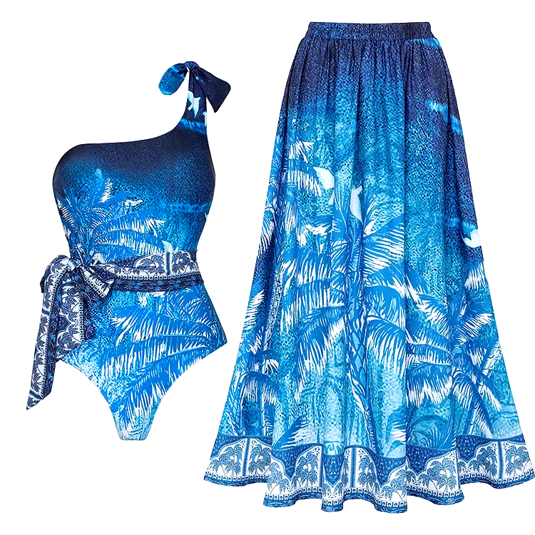 One Shoulder Print One Piece Swimsuit Set